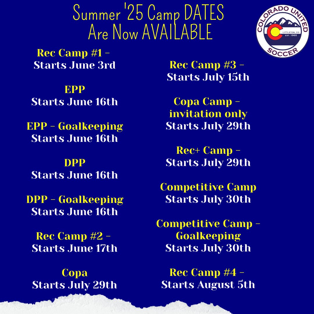 counitedsoccer's tweet image. Summer 2025 programming dates for Rec/Rec+/Copa and Competitive have been released. 
-
coloradounitedsoccer.com/summer-camps
-
#coloradounitedsoccer #littleton #summerprogramming