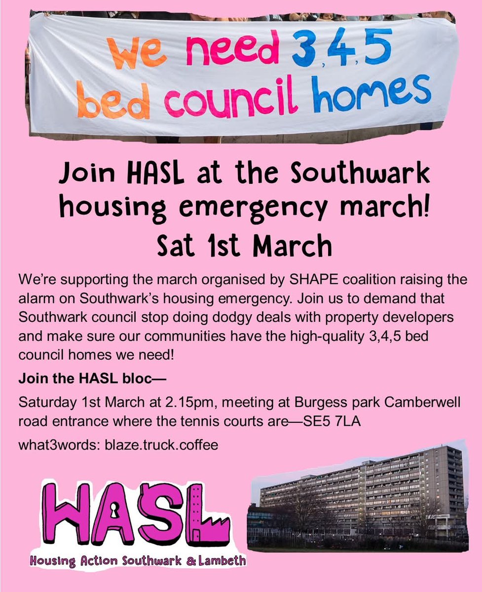 HASL (@housingactionsl) on Twitter photo South London - see you on Saturday for <a href="/ShapeCoalition1/">SHAPE Coalition (Southwark)💚</a> housing emergency march! ✊🏘❤️
Join us to demand that Southwark council stop doing dodgy deals with property developers and make sure our communities have the high-quality 3, 4, 5 bed council homes we need! South London - see you on Saturday for <a href="/ShapeCoalition1/">SHAPE Coalition (Southwark)💚</a> housing emergency march! ✊🏘❤️
Join us to demand that Southwark council stop doing dodgy deals with property developers and make sure our communities have the high-quality 3, 4, 5 bed council homes we need!