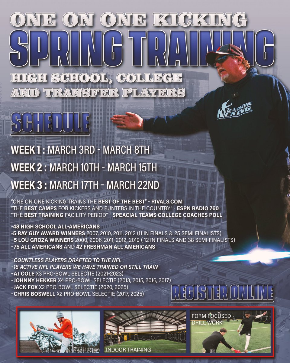 🚨SPRING TRAINING IS HERE 
$200 Discount with code: spring2025
We have available spots for our spring sessions! Come train with the best, get film, make connections &amp; let us help you find your new home or improve your skills! 
SIGN UP WITH THIS LINK 
oneononekickingcamps.com/product/birmin…