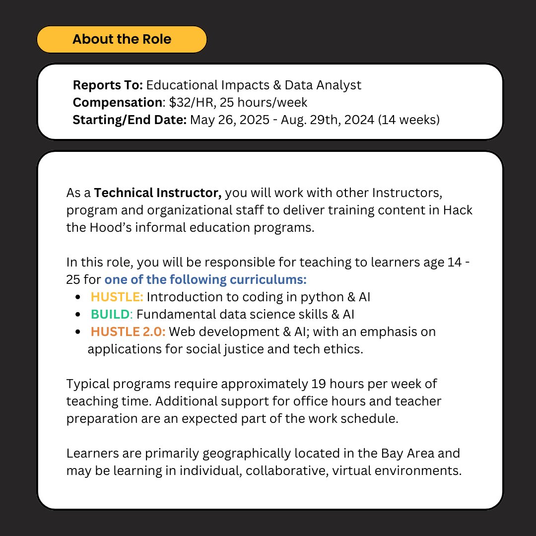 hackthehood's tweet image. 🚀 We're Hiring: Technical Instructors for our 2025 Summer Hustle, Build, and Hustle 2.0 Programs (Part-Time, Remote-Friendly)!
📢 Apply now! bit.ly/41hgRDj