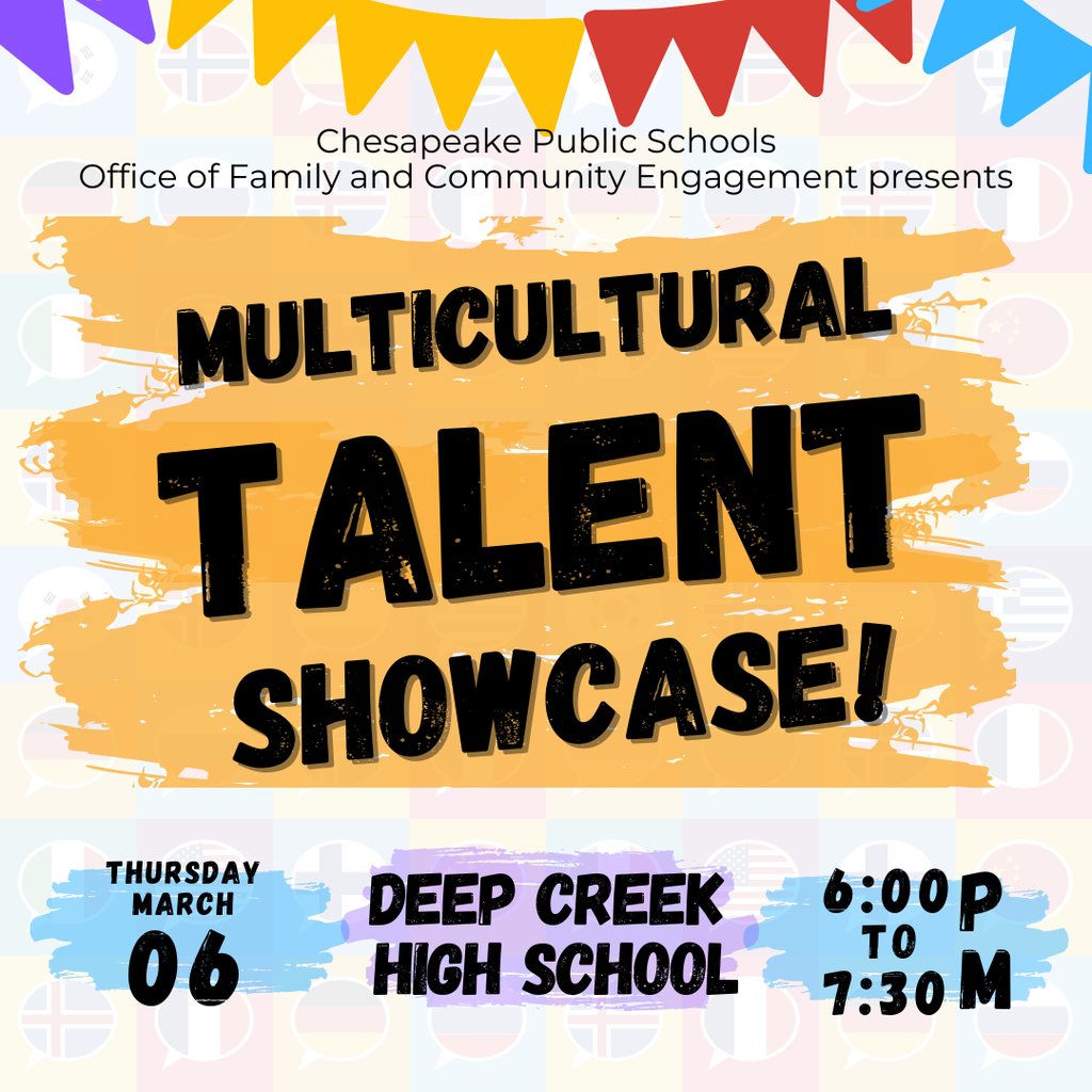 Join us for the Multicultural Talent Showcase at Deep Creek High on March 6! 🎭

🌍 Enjoy FREE performances &amp; discover community resources. Don't miss an evening of culture &amp; creativity! ✨

🔗 Register: cpschools.com/o/cps/page/spe…