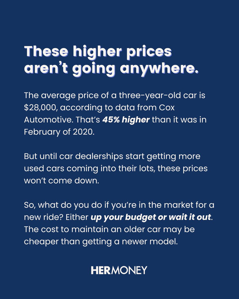 HerMoney (@hermoneymedia) on Twitter photo If you’re thinking of buying a used car, you may have to inflate your budget. As <a href="/WSJ/">The Wall Street Journal</a> reports, prices of used rides are up, and they are expected to stay that way for at least a couple of years. If you’re thinking of buying a used car, you may have to inflate your budget. As <a href="/WSJ/">The Wall Street Journal</a> reports, prices of used rides are up, and they are expected to stay that way for at least a couple of years.