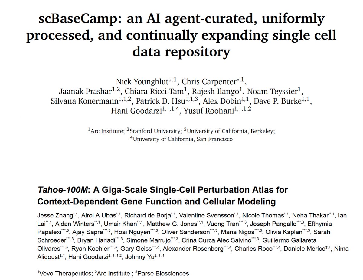 Eric Topol (@erictopol) on Twitter photo Just another >300 million single cells, agentic #AI life science, large language of life models, perturbations, open-access, out today! 😉
<a href="/arcinstitute/">Arc Institute</a> <a href="/yusufroohani/">Yusuf Roohani</a> <a href="/StanfordAILab/">Stanford AI Lab</a> <a href="/genophoria/">Hani Goodarzi</a> <a href="/vevo_ai/">Vevo Therapeutics</a> <a href="/ParseBio/">Parse Biosciences</a> <a href="/iamjohnnyyu/">Johnny Yu</a> <a href="/nalidoust/">Nima Alidoust</a> <a href="/nick_youngblut/">Nick Youngblut</a> <a href="/pdhsu/">Patrick Hsu</a> <a href="/patrickc/">Patrick Collison</a> Just another >300 million single cells, agentic #AI life science, large language of life models, perturbations, open-access, out today! 😉
<a href="/arcinstitute/">Arc Institute</a> <a href="/yusufroohani/">Yusuf Roohani</a> <a href="/StanfordAILab/">Stanford AI Lab</a> <a href="/genophoria/">Hani Goodarzi</a> <a href="/vevo_ai/">Vevo Therapeutics</a> <a href="/ParseBio/">Parse Biosciences</a> <a href="/iamjohnnyyu/">Johnny Yu</a> <a href="/nalidoust/">Nima Alidoust</a> <a href="/nick_youngblut/">Nick Youngblut</a> <a href="/pdhsu/">Patrick Hsu</a> <a href="/patrickc/">Patrick Collison</a>