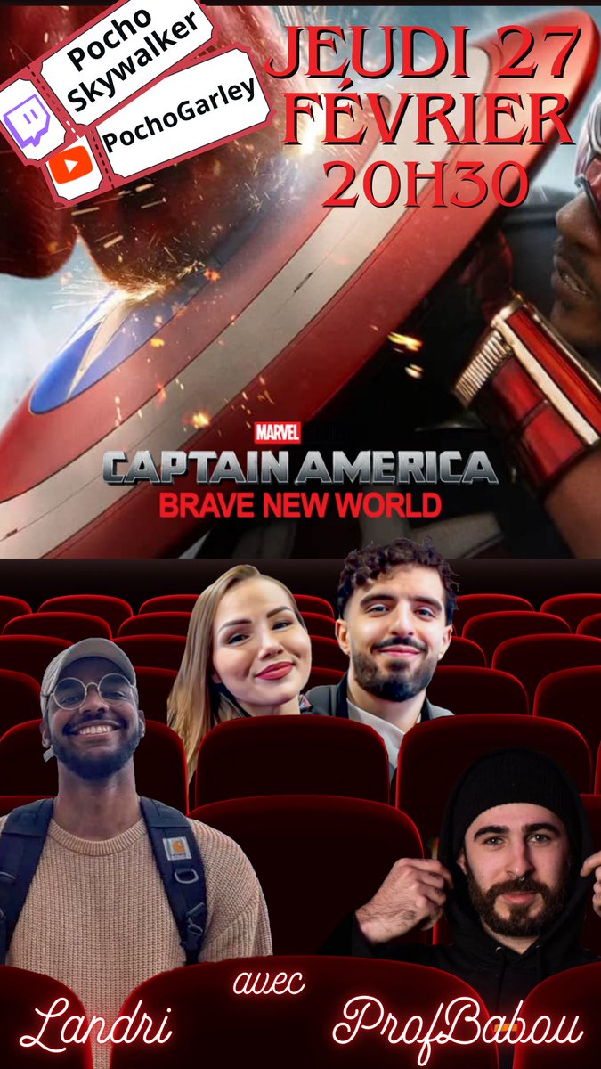 Le grand rdv de la semaine est ici ! Jeudi 20h30 sur #Twitch et #YouTube en simultané. On debrief sur #CaptainAmericaBraveNewWorld et sur les sorties ciné du mois de février. Avec comme invités Landri et ProfBabou. La classe non ? Alors tu viens ?!