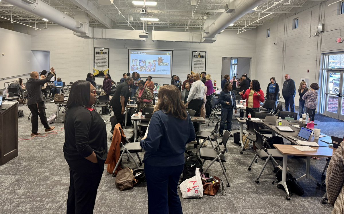 The Office of School Leadership leads huddle time with principals on how they’re being intentional in motivating students going into the “4th quarter of the game” and prepping for Milestones. #Built4Bibb