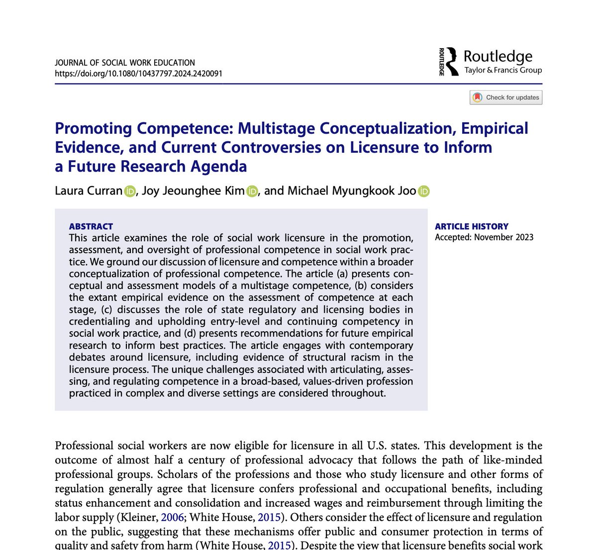 Congrats to Dr. Laura Curran &amp; co-authors on their article “Promoting Competence: Multistage Conceptualization, Empirical Evidence, and Current Controversies on Licensure to Inform a Future Research Agenda" in the Journal of Social Work Education (2025)! Link in bio!