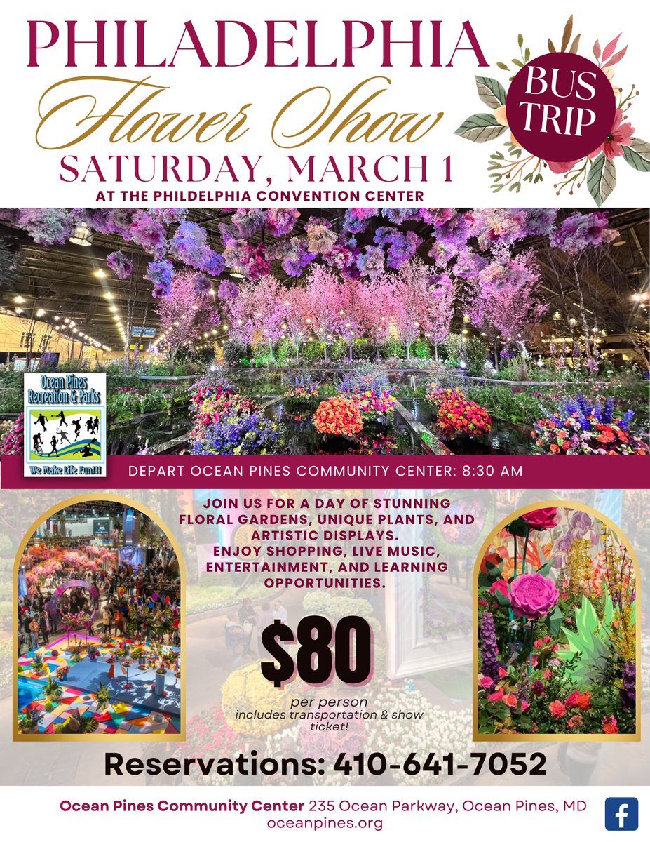 🌸 Seats still available! 🌸

Hop on the Ocean Pines bus trip to the Philadelphia Flower Show on March 1! 🌿✨ Enjoy stunning floral displays, shopping, live music &amp; more.

🚌 Departs Ocean Pines at 8:30 AM
💲 $80 (includes transport &amp; ticket)

📞 Call 410-641-7052 to reserve!