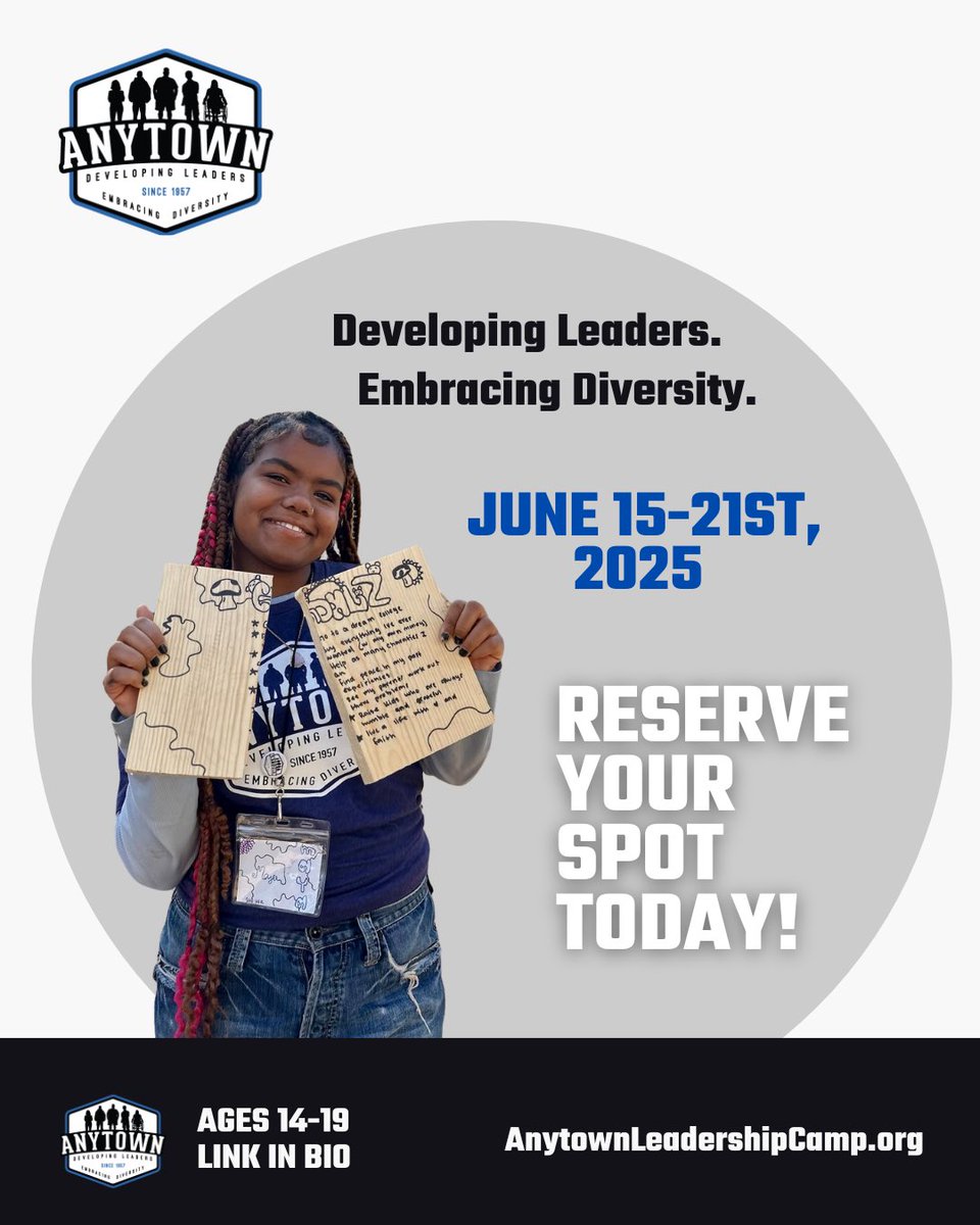 🌟 Ready to become a leader? Join us for the Anytown Leadership Camp this June! 🌈 This transformative week empowers teens to engage with diversity, break down biases, and spark social change.

🔗 Register today: anytownleadershipcamp.org/anytown-leader…

#SocialJustice #Empowerment #TeenLeaders