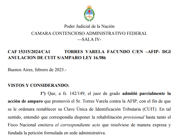 MarcosGomezLaw's tweet photo. LA APELACION ADMINISTRATIVA DE LA INHABILITACION DE LA CUIT TIENE EFECTOS SUSPENSIVOS.

Interesante el fallo "TORRES VARELA" donde la Cámara que ratificó que ARCA no puede mantener suspendida la CUIT de un contribuyente si esa decisión fue recurrida administrativamente. https://t.co/mU11XfCWqd