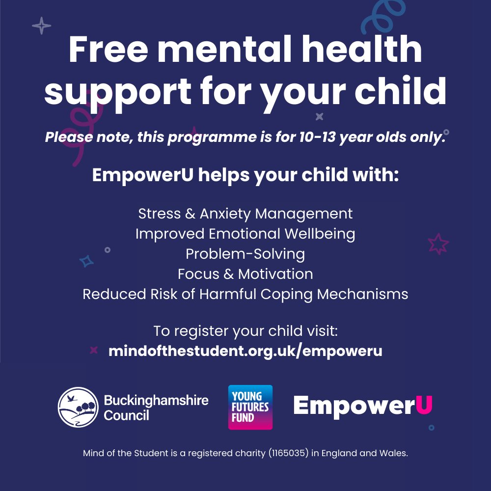 <a href="/TheMOTSCharity/">Mind of the Student</a> are running a FREE 6-week programme for Year 6, 7 and 8 at Southcourt Family Centre Plus in Aylesbury, Buckinghamshire - starting Tuesday!

🌟 Support with emotions, resilience, online safety &amp; more!

Only 15 spots left! Register here: forms.gle/2LcNXg2msuAmm2…💙