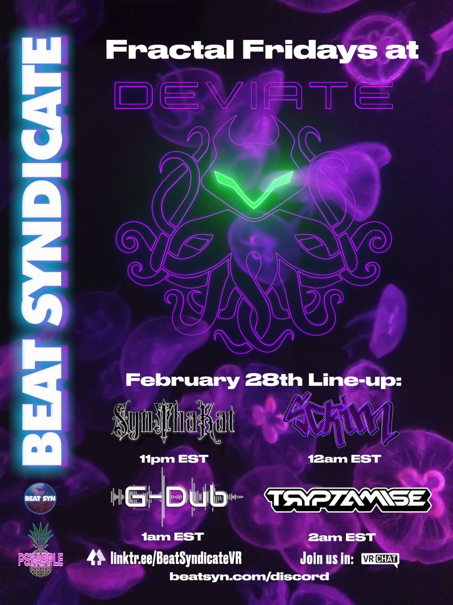 People of Earth, we proudly present a night of trippy tunes this Friday at #DeviateVRC

Featuring:
<a href="/Synthakat/">Synthakat</a> 
#Scrimblee
<a href="/GDub__/">G-Dub</a> 
<a href="/Tryptamise/">Tryptamise</a>