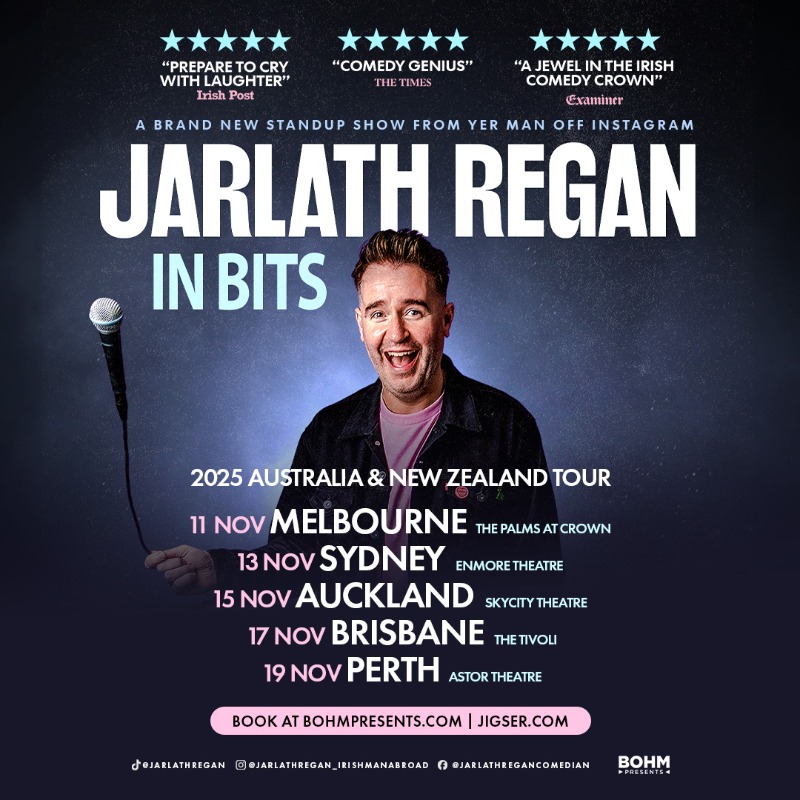 Bohmpresents's tweet image. “Yer Man” @Jarlath Regan is coming to AUS/NZ in 2025! Sign up for Presale → bohmpr.io/subscribe
⏰ Presale begins Thursday 27th FEB @ 11am (local)
Don't miss the brand new standup show from the man behind some of the most hilarious viral standup comedy clips live and in…
