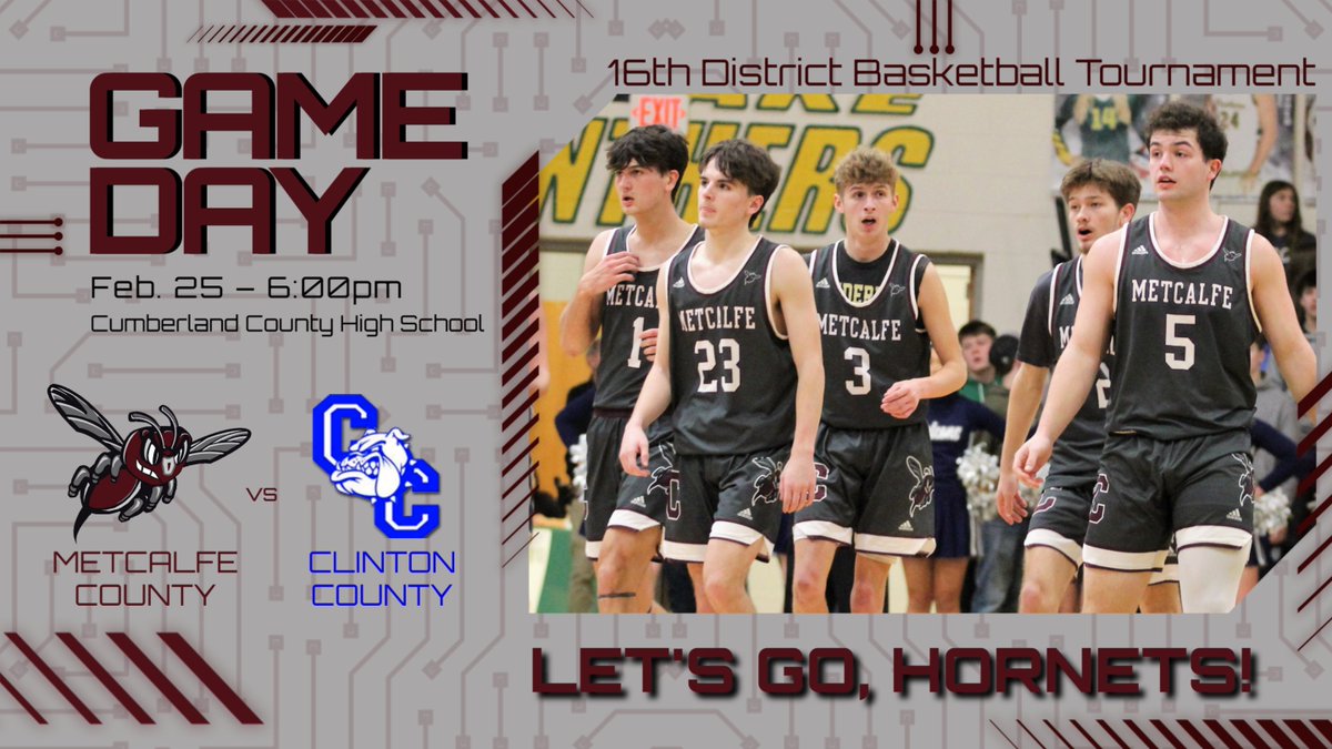 Metcalfe Co. (11-18) takes on Clinton Co. (26-2) tonight in the semifinals of the 16th Dist. Tourn. Tipoff is 6pm at Cumberland Co. High School.

The <a href="/KySportsGuys/">The KySportsGuys</a> will have live coverage on <a href="/991TheHoss/">99.1 The Hoss</a>, and Cumberland Co. will provide a live stream on Hudl. 

Good luck, Hornets!