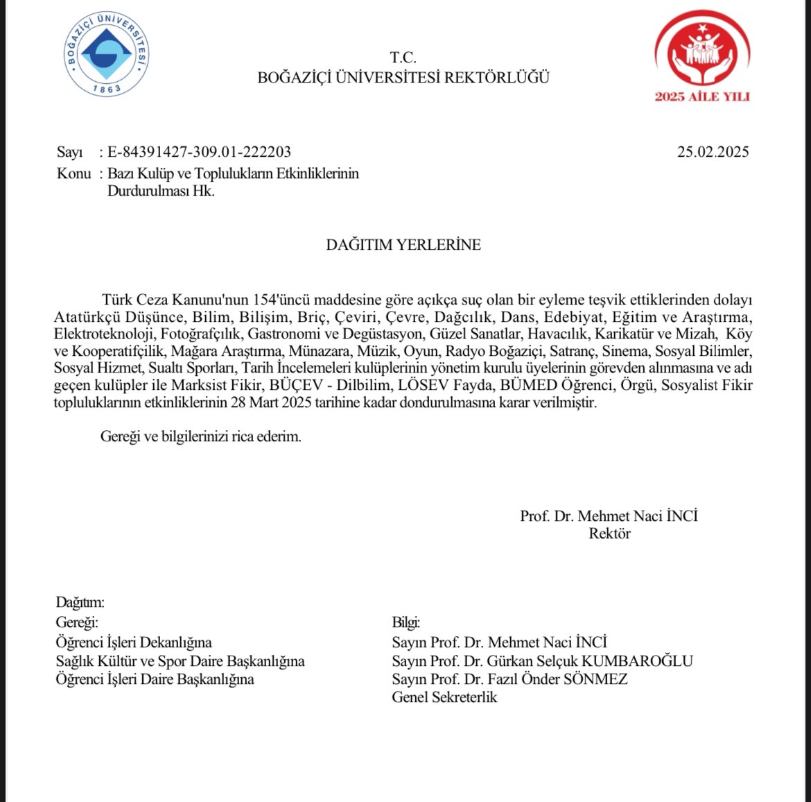 boğaziçi üniversitesi'nde eylemlere destek veren kulüplerin yönetim kurulu üyeleri görevden alındı. etkinliklerin tamamı 28 mart'a kadar yasaklandı.