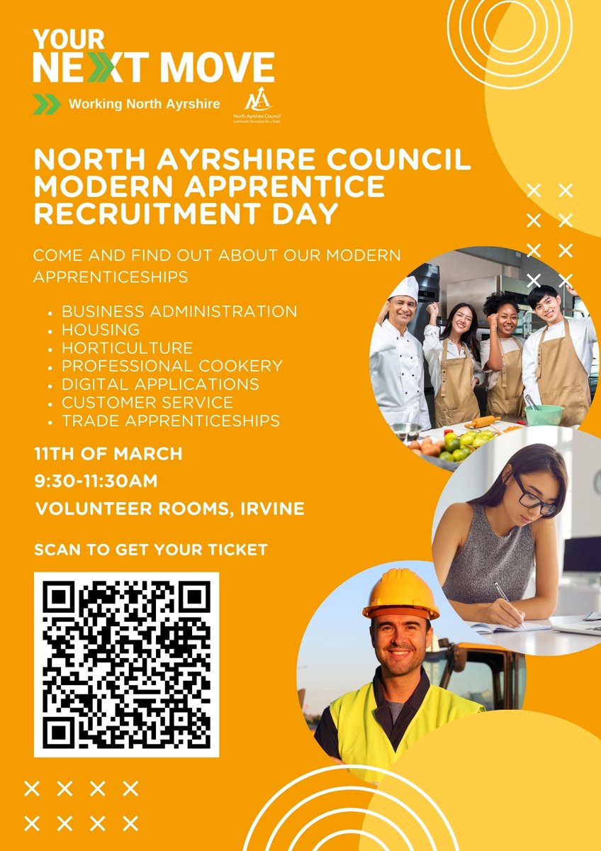 Age 16-19 and in North Ayrshire? Come along to the NAC Recruitment Day on Tuesday 11th March from 9.30-11.30am and discover the opportunities waiting for you. Learn about the roles available, get top tips for your application and hear from current apprentices! <a href="/DYWAyrshire/">DYW Ayrshire</a>