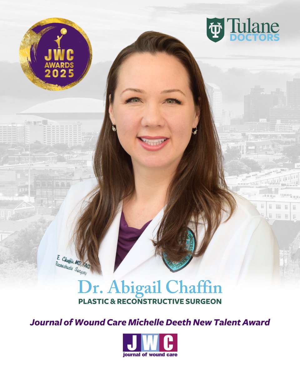 TulaneDoctors's tweet photo. Congrats to Dr. Abigail Chaffin, Professor of Surgery & Division Chief of Plastic & Reconstructive Surgery, on receiving the prestigious Journal of Wound Care Michelle Deeth New Talent Award!
#TulaneDoctors #PlasticSurgery #TulaneSurgery #WoundCare #TissueViability https://t.co/l8gQMa0A8G