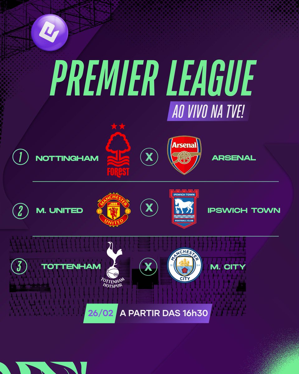 torcedorviolet's tweet photo. ⚽ #PremierLeague AO VIVO NA TVEXPRESS! ⚽
Amanhã, a partir das 16h30!

🔴 #NottinghamForest x #Arsenal 💥

⚔️ #ManchesterUnited x #IpswichTown 💥

⚡️ #Tottenham x #ManchesterCity 💥 https://t.co/mUB7SmC2CU