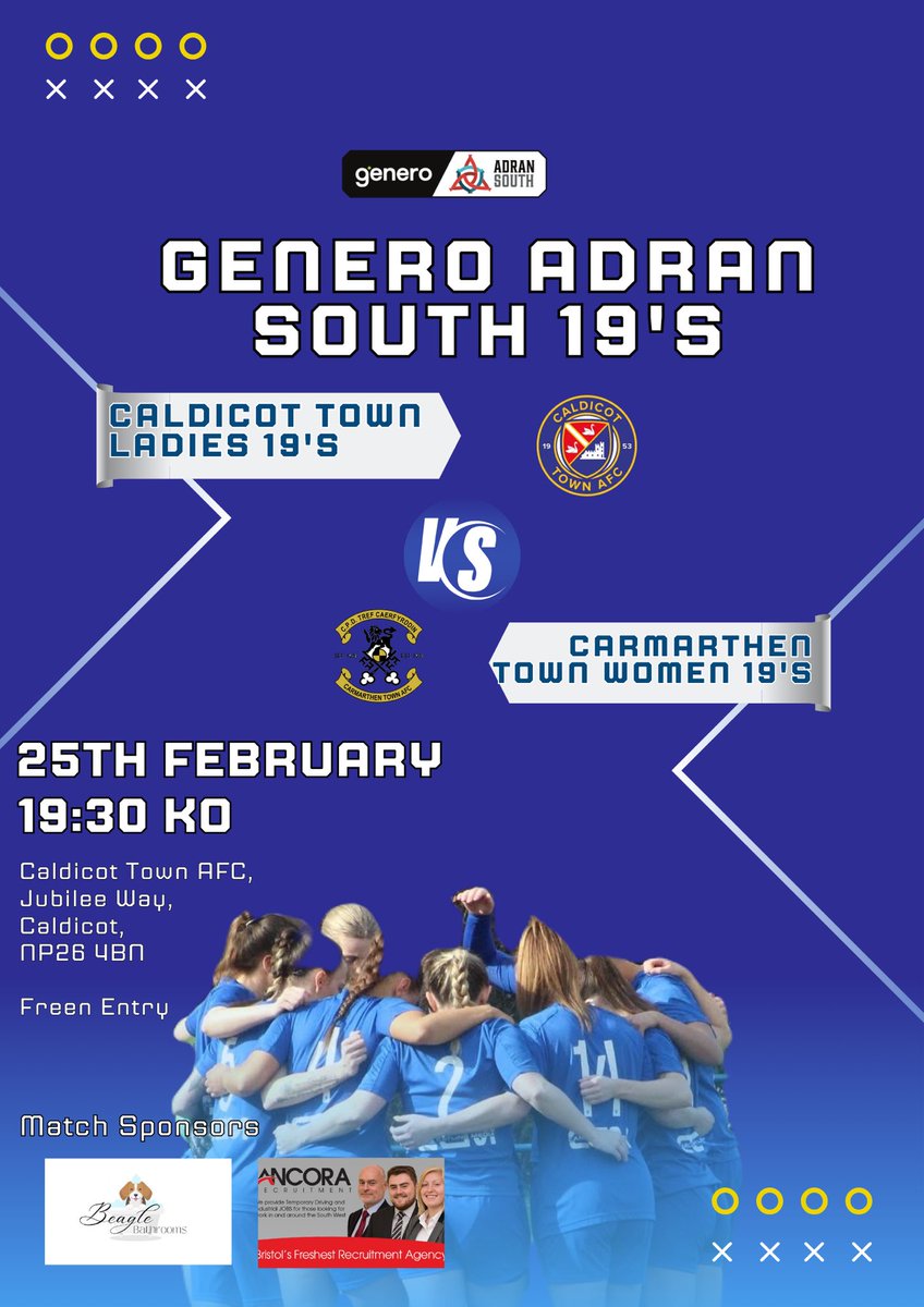 Caldicot Town Ladies (@caldicotladyfc) on Twitter photo 🚨Midweek Fixture🚨
This evening our 19’s host <a href="/CTAFCWomen/">Carmarthen Town FC Women</a> in the <a href="/AdranLeagues/">Genero Adran Leagues 🏴</a> 19’s South.
🕢 19:30 KO
🏟️ Caldicot Town AFC
🎟️ Free Entry
#UppaTown 🔵 🚨Midweek Fixture🚨
This evening our 19’s host <a href="/CTAFCWomen/">Carmarthen Town FC Women</a> in the <a href="/AdranLeagues/">Genero Adran Leagues 🏴</a> 19’s South.
🕢 19:30 KO
🏟️ Caldicot Town AFC
🎟️ Free Entry
#UppaTown 🔵
