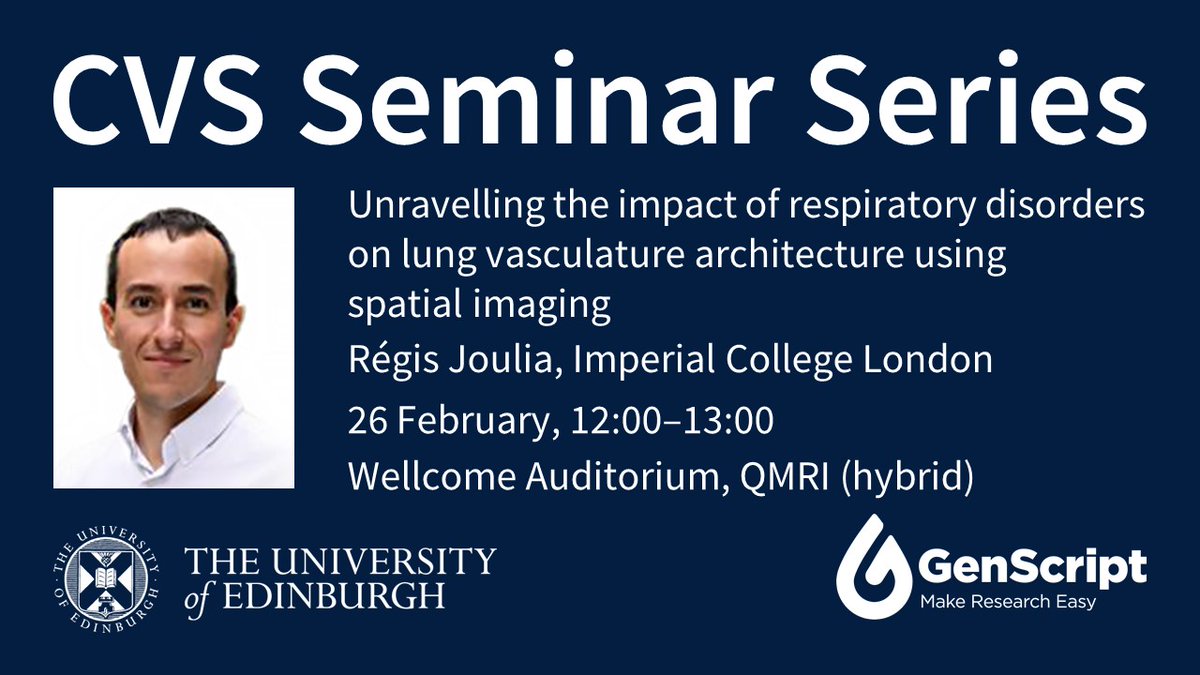 EdinUniCVS (@edinunicvs) on Twitter photo Looking forward to this week’s CVS Seminar with <a href="/RegisJoulia/">Régis Joulia</a> <a href="/imperialcollege/">Imperial College London</a>!
🗓️ 26 February, 12:00–13:00
Wellcome Auditorium, QMRI <a href="/EdinburghBQ/">Edinburgh BioQuarter</a>
Join on Teams ➡️ edin.ac/3Qos8wj Looking forward to this week’s CVS Seminar with <a href="/RegisJoulia/">Régis Joulia</a> <a href="/imperialcollege/">Imperial College London</a>!
🗓️ 26 February, 12:00–13:00
Wellcome Auditorium, QMRI <a href="/EdinburghBQ/">Edinburgh BioQuarter</a>
Join on Teams ➡️ edin.ac/3Qos8wj