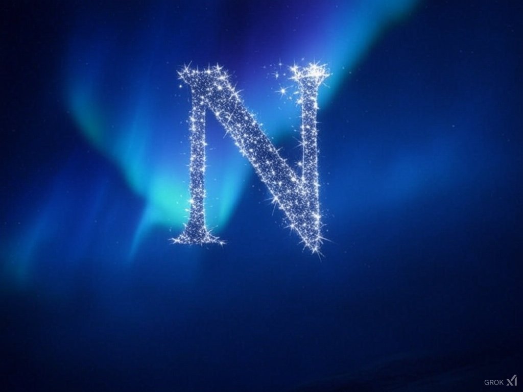 A sparkly "N" in front of an aurora borealis. 🌌