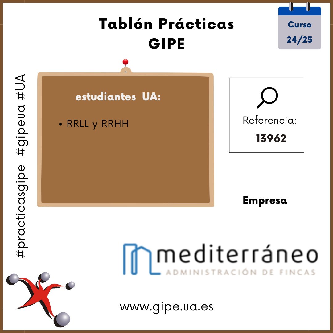 GIPE (@gipeua) on Twitter photo Tablón de ofertas de Prácticas:
Estudiante Grado RRLL y RRHH (Alicante)
gipe.ua.es/es/tablon-de-o…
<a href="/Derecho_UA/">Facultat de Dret de la UA - Facultad Derecho UA</a> <a href="/EurleElda/">Eurle Elda</a> #practicasgipe #gipeua #UA Tablón de ofertas de Prácticas:
Estudiante Grado RRLL y RRHH (Alicante)
gipe.ua.es/es/tablon-de-o…
<a href="/Derecho_UA/">Facultat de Dret de la UA - Facultad Derecho UA</a> <a href="/EurleElda/">Eurle Elda</a> #practicasgipe #gipeua #UA