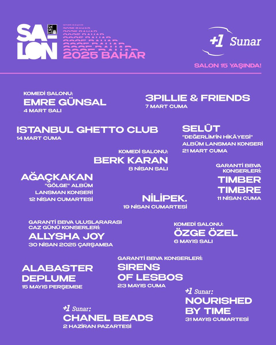 Müzik ve kahkaha eşliğinde geçecek bir ilkbahar❤️‍🔥Hayır, bir hayalden değil, Salon'un yeni sezon programından bahsediyoruz. Şu isimlere bir baksana 🌝

Biletler için: passo.com.tr/tr/etkinlik-gr…

#saloniksv #iksv <a href="/artibir/">#artıbir</a> #artıbir