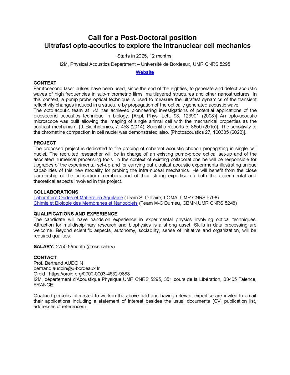 Call for a Post-Doctoral position  

The <a href="/LaboI2M/">Laboratoire I2M</a> , Physical Acoustics Department is offering a position for a post doctoral researcher as part of an interdisciplinary project funded by <a href="/univbordeaux/">Université de Bordeaux</a> 

👉 u-bordeaux.fr/universite/tra…

<a href="/YSNImabio/">GDR Imabio Young scientists network</a> <a href="/LOMA_Bordeaux/">LOMA_Bordeaux</a>