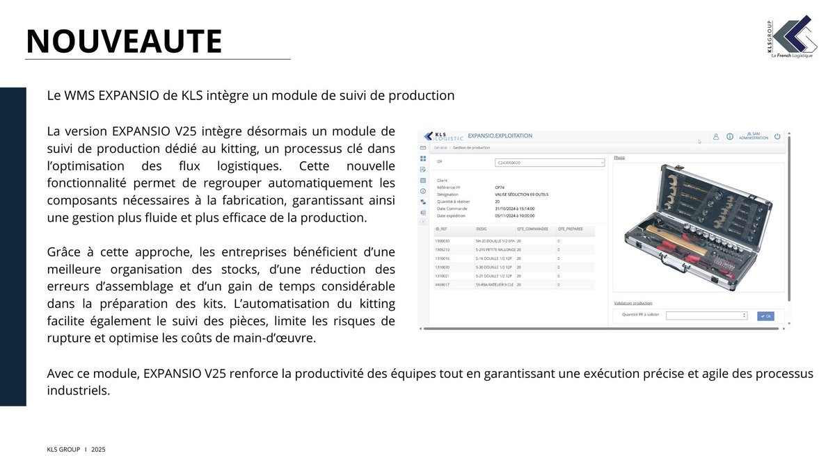 KLS GROUP (@klsgroup) on Twitter photo Optimisez votre logistique jusqu’au bord de ligne avec le kitting intégré au WMS de KLS Group !
✅ préparation automatisée des kits
✅ réduction des erreurs et des ruptures
✅ meilleure productivité sur les lignes de production
#Logistique #Kitting #WMS #Industrie #Production Optimisez votre logistique jusqu’au bord de ligne avec le kitting intégré au WMS de KLS Group !
✅ préparation automatisée des kits
✅ réduction des erreurs et des ruptures
✅ meilleure productivité sur les lignes de production
#Logistique #Kitting #WMS #Industrie #Production