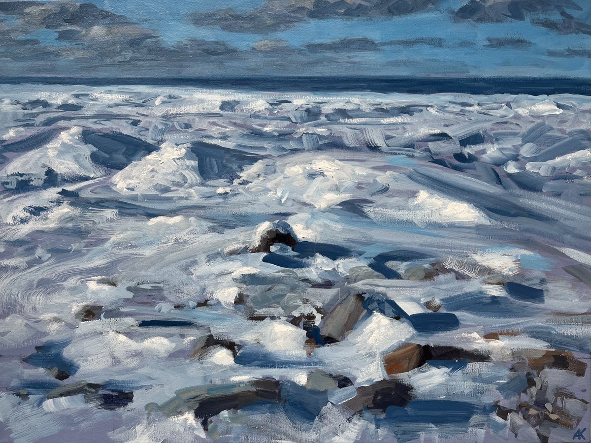 atelierkarisik's tweet photo. "Sunset Point Beach, Collingwood"
oil &amp; acrylic on canvas
18 x 24 inches
2025

Snow is quiet on the Great Lakes. It settles on the landscape into some incomprehensible distance. Its sound is the silence of endless time and space. 

See this painting @TorontoART in my May solo. https://t.co/cl9BxEndEE
