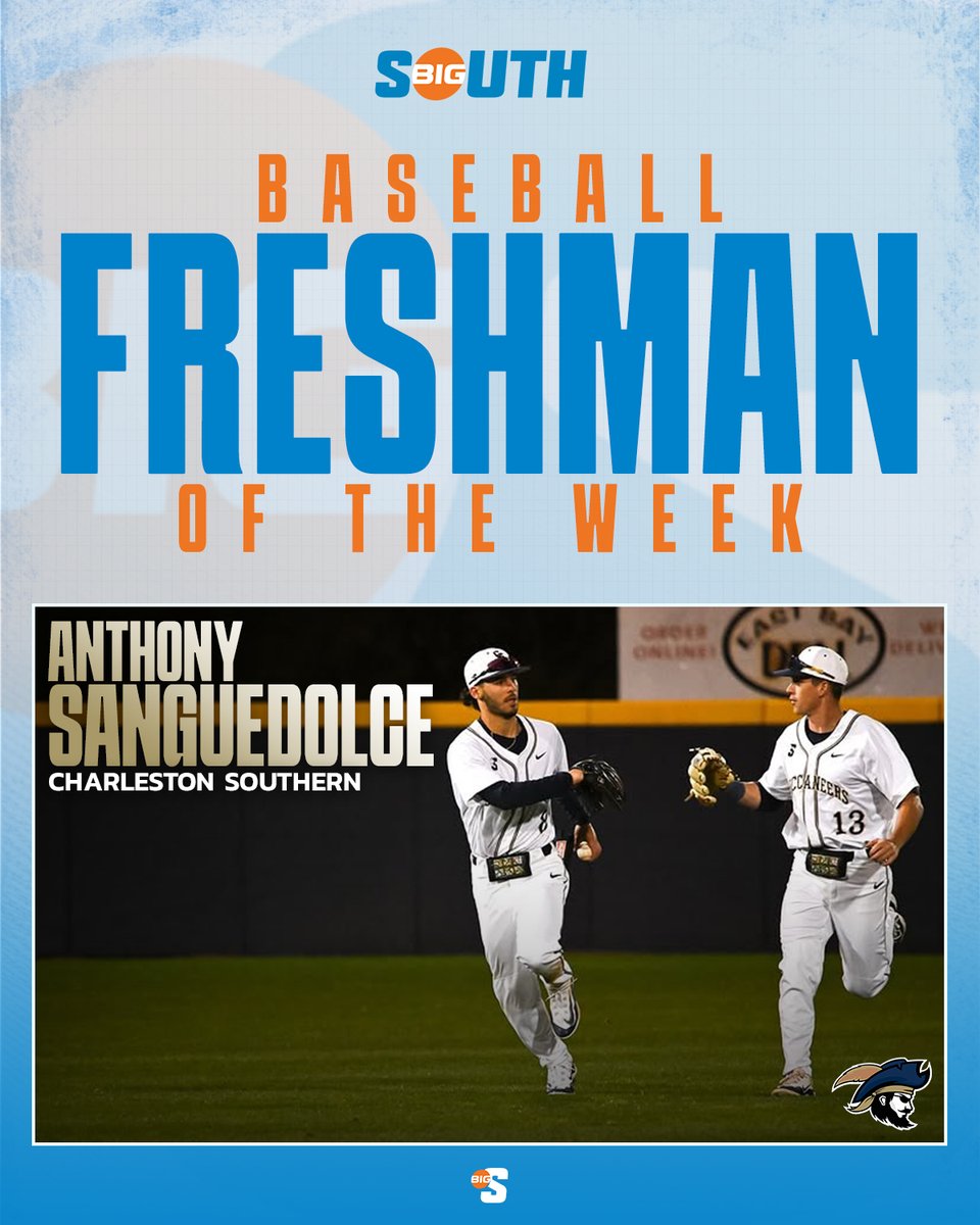 He batted .4️⃣0️⃣0️⃣ with seven runs scored, four RBI, two doubles, five walks and three stolen bases in Charleston Southern’s perfect 4-0 week. 🙌

<a href="/CSU_BucBaseball/">Charleston Southern Baseball</a>'s Anthony Sanguedolce is the #BigSouthBase Freshman of the Week!