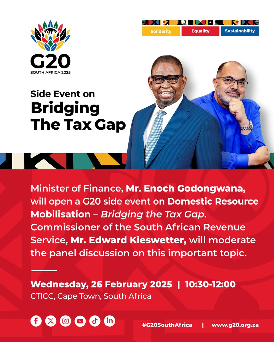 The Minister of Finance will open a G20 side event on Domestic Resource Mobilisation at the Cape Town CTICC.
<a href="/g20org/">G20 South Africa</a> 

#G20SouthAfrica #ReKaofela