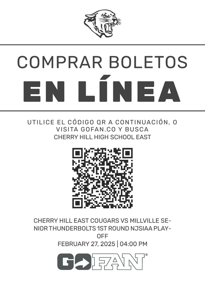 Our Varsity Boys Basketball team will be traveling to Cherry Hill East, Feb 27th for Round 1 of the NJSIAA Tournament. The game will begin at 4:00 PM at Cherry Hill East HS. Tickets for the game can be purchased using  QR code on these flyers, or visiting GoFan.com