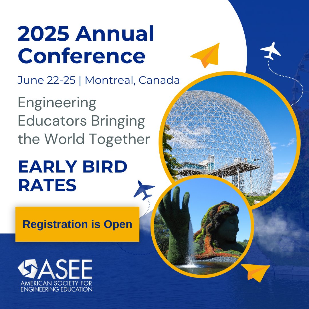Don’t Miss Out on Early Bird Rates! ⏳ Save big by registering for ASEE 2025 before April 7! Join us in Montreal for a global celebration of engineering education.
asee.org/events/Confere…

#ASEE2025 #EarlyBirdRates #MontrealConference #RegisterNow