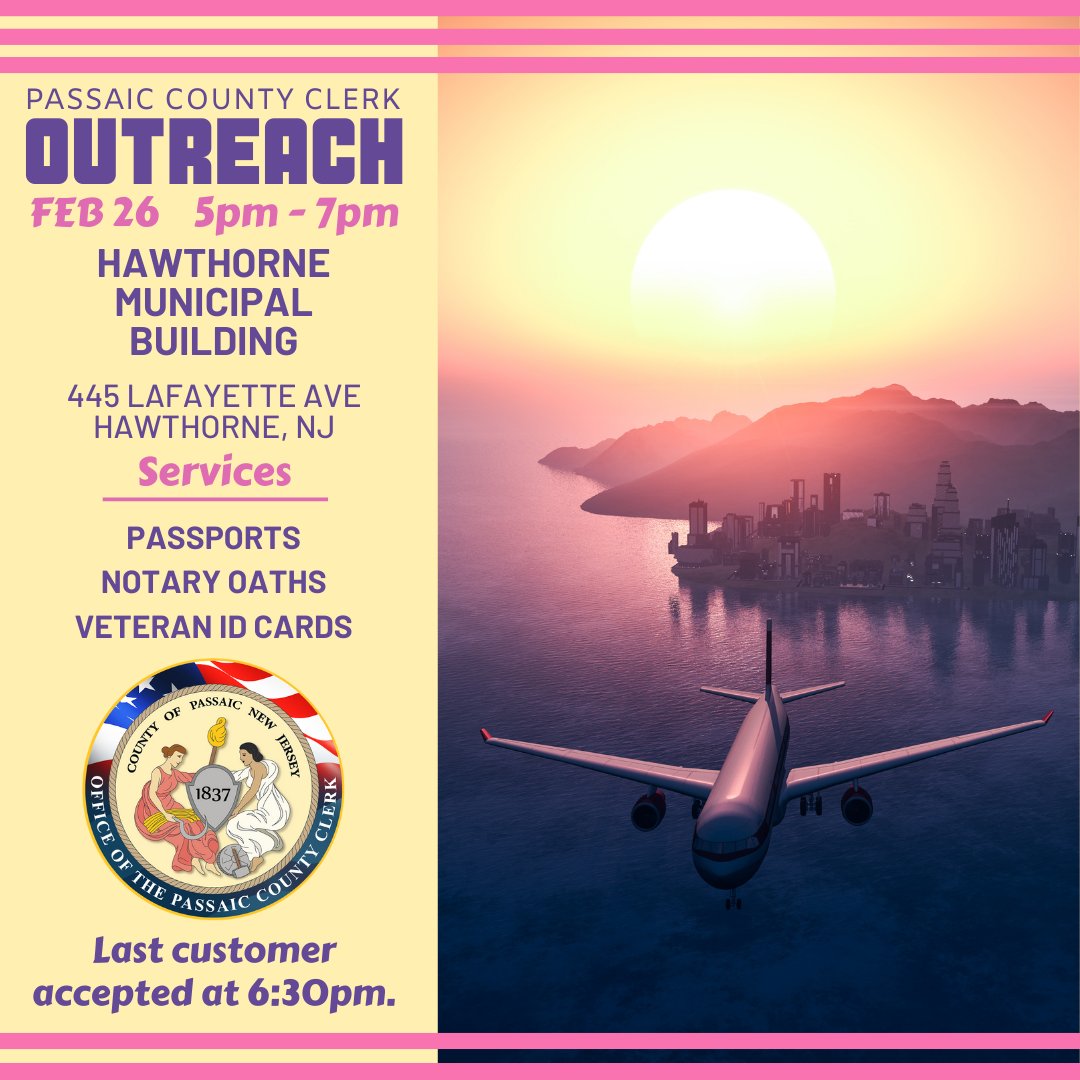 The Passaic County Clerk Outreach Program is coming to Hawthorne tomorrow.  Book your appointment online smpl.is/a2oaa #NJ #Hawthorne