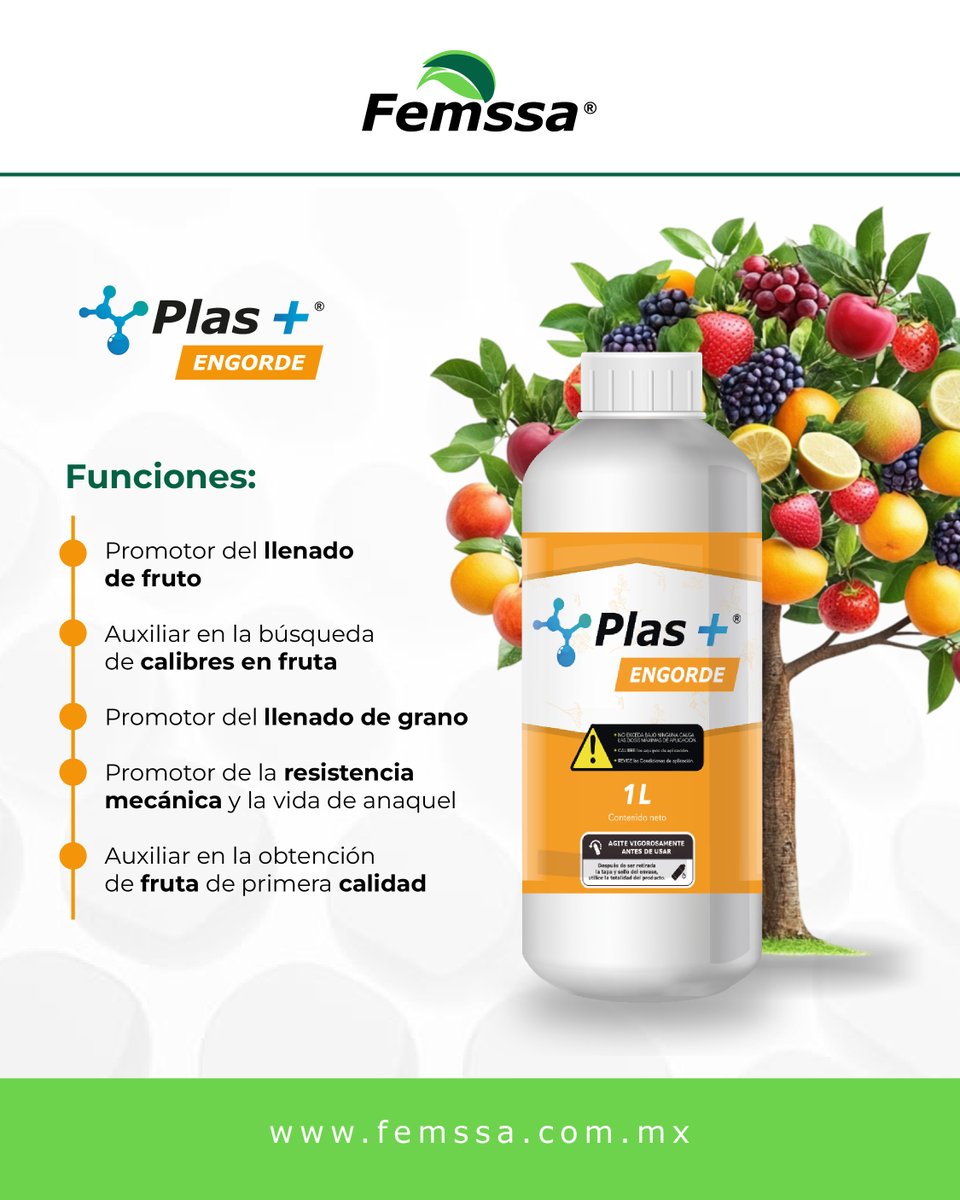 Plas+ Engorde favorece la señalización bioquímica adecuada en la planta, dirigiendo sus recursos al llenado del fruto. 

Esta fórmula única combina una de las mezclas hormonales más complejas y completas 🍊🍎🍓

#femssa #bioestimulantes