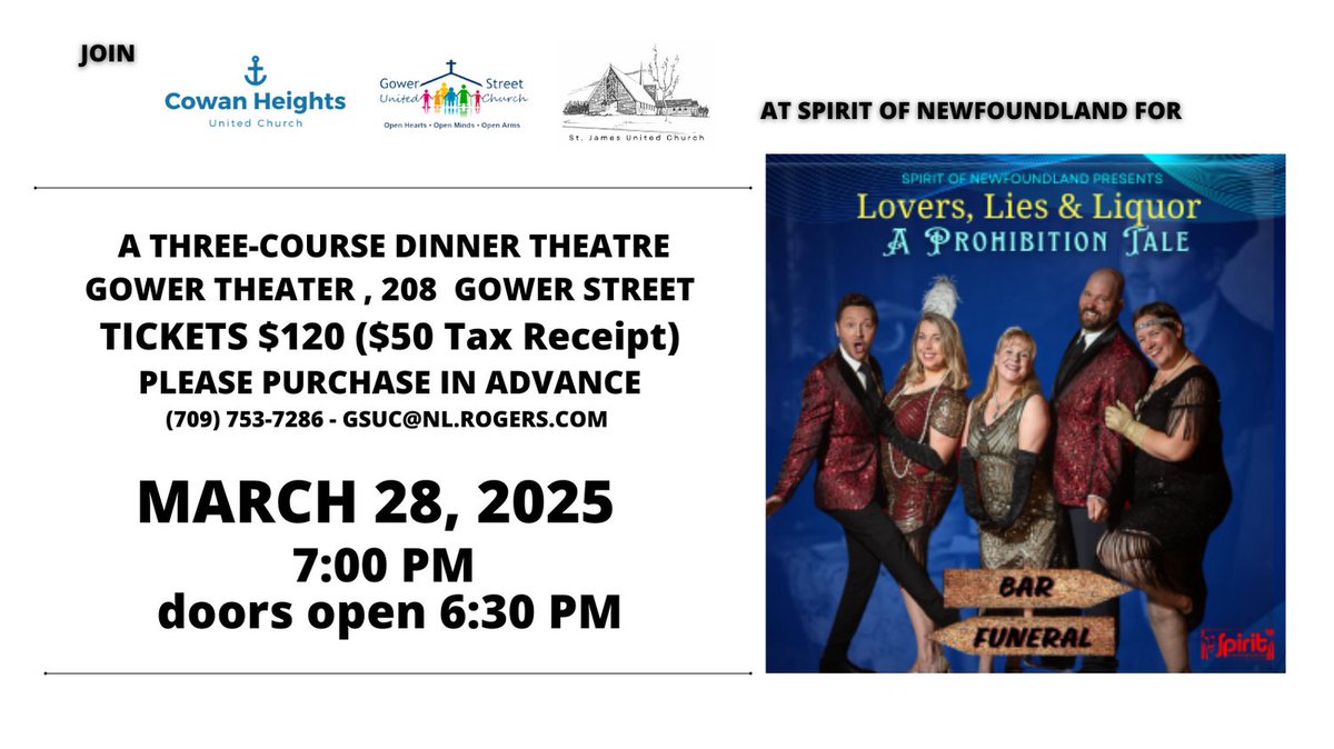 Tickets are selling fast, so get yours today! Hosted by Gower Street, St. James United Church and Cowan Heights United Church  Don’t wait—this night promises to be an absolute blast, and you’re going to want to be there when the Prohibition Hall shenanigans unfold.
