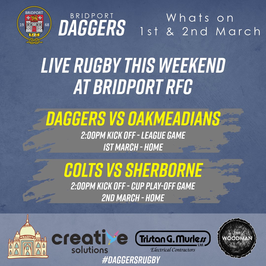 bridportrfc's tweet photo. 🏉 LIVE RUGBY THIS WEEKEND AT BRIDPORT RFC! 🏉

Join us for an action-packed weekend of rugby as both our Senior Men and Colts take the field! 💙💛

Get down to the club, support the boys, and enjoy a great weekend of rugby! 🏉👏

#DaggersRugby https://t.co/KZ4xmF9SKO