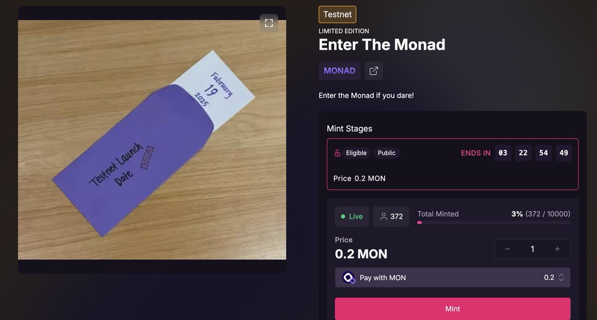 InfluencerDee's tweet photo. Minting these two testnet NFTS on Monad 🏁

--> Enter the Monad

⏰ ENDs: 3 days

Mint here: https://t.co/FFpDj1Fs0u

--> Overnads: Open Edition (@overnads)

Link: https://t.co/COogWQ1JW2

💡 We are just increasing interactions. https://t.co/LnFE7uuKSX