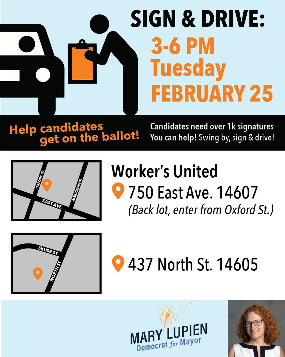 🚗Pull Up TODAY 3-6pm! Petition Signature Drive Thru -
Join us for a drive-thru event 750 East Ave. Swing by, meet the team, and add your name and grab petitions to help us get even more signatures! mailchi.mp/marylupien/nam…