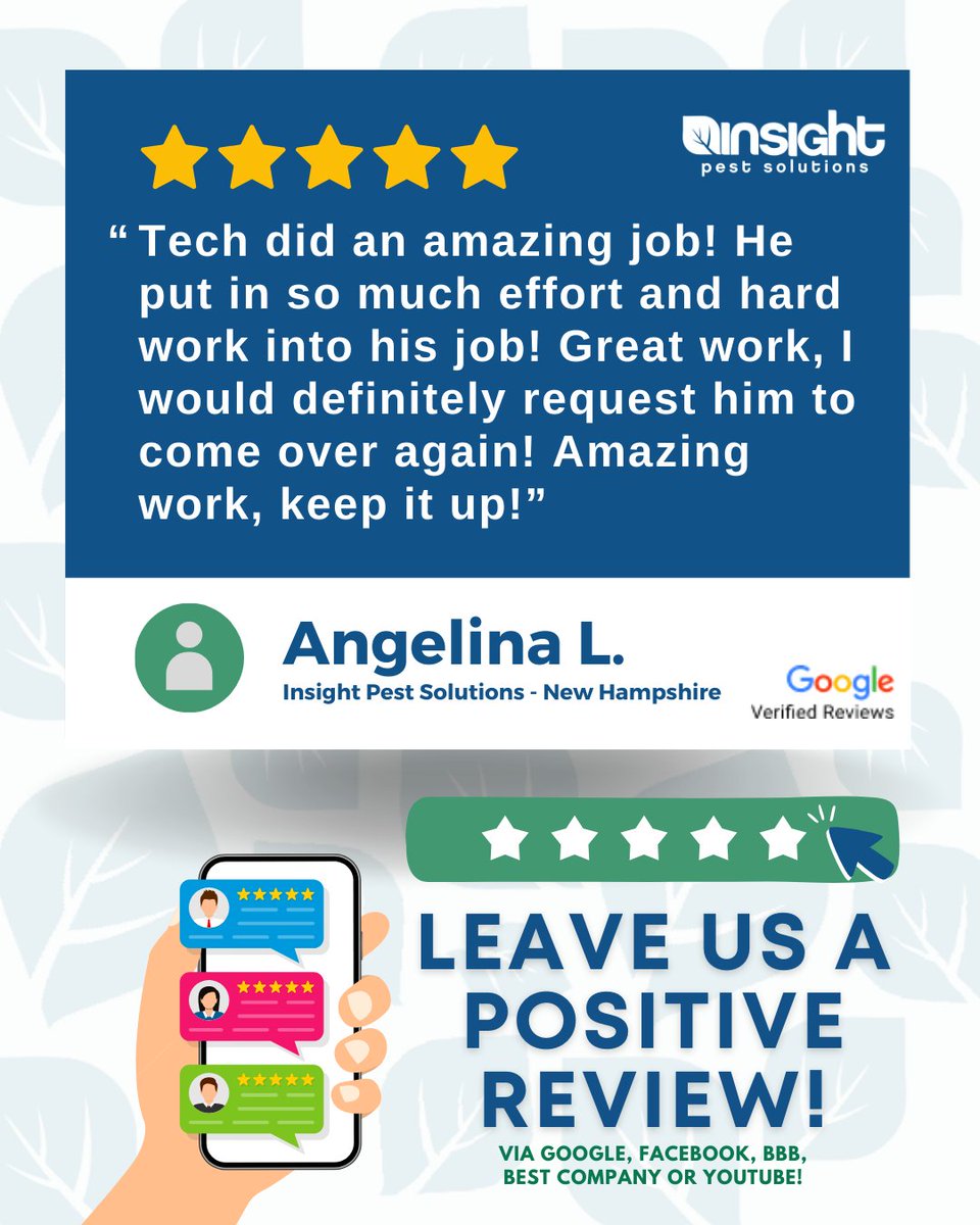 InsightPest's tweet image. Shoutout to our rockstar tech for going above and beyond! 🌟🌟🌟🌟🌟 Thanks for the kind words, Angelina—amazing service is what we do best! 👏 #FiveStarService #InsightPestSolutions