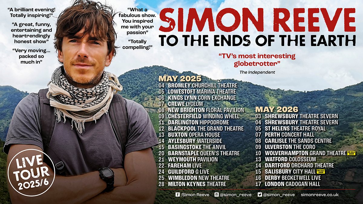 simon_reeve's tweet photo. Guess what?(!) - we've managed to fit-in a few more dates for my tour during May 2026.
Now these really are the last dates for my ‘To the Ends of the Earth’ tour, and perhaps the last tour dates I'll ever do - who knows? 
Take a look and see if you can come along to the 2026 events in #shrewsbury #Sthelens #perth #carlisle #ulverston #wolverhampton #watford #dartford #salisbury #derby #london 
And if you’re thinking why haven’t I come to a theatre near you – well I probably have already. During May 2025 I’ll be on stage for the 100th show of this tour… 100! Amazing. Thanks so much for your support and for coming along.
Hope to see you at the May 2025 dates or (the final) May 2026 dates. Simonx

With the lovely lot at: @No_Third_Ents