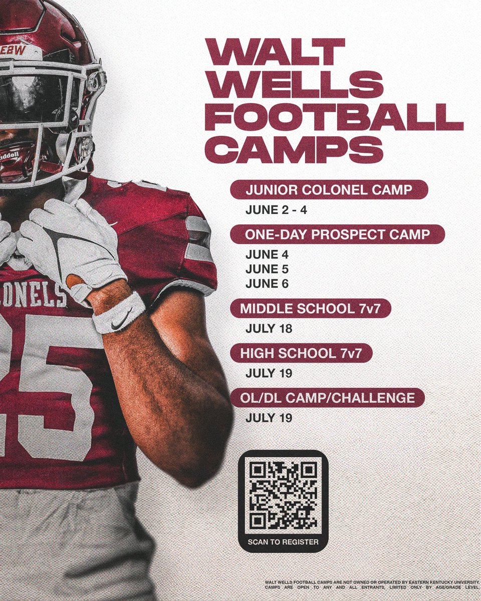 Come compete and be seen at the Walt Wells Football Camps this summer!

Save this image and scan the QR code to register and secure your spot today!

#E2W | #MatterOfPride
