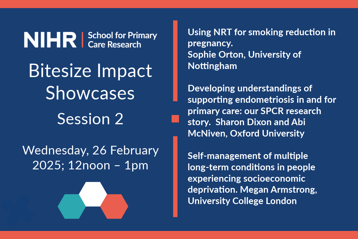 NIHR School for Primary Care Research (@nihrspcr) on Twitter photo Join us TOMORROW (26 Feb, 12noon - 1pm) for the 2nd SPCR Bitesized Impact Showcase session
📷Register here: bit.ly/Register-SPCR-…
🔎See all sessions here: spcr.nihr.ac.uk/news/spcr-bite…
#PrimaryCare #Research
<a href="/GeorginaSPCR/">Dr Georgina Fletcher</a>
<a href="/Ashmore2009/">Claire Ashmore</a>
<a href="/NIHRresearch/">National Institute for Health and Care Research</a> Join us TOMORROW (26 Feb, 12noon - 1pm) for the 2nd SPCR Bitesized Impact Showcase session
📷Register here: bit.ly/Register-SPCR-…
🔎See all sessions here: spcr.nihr.ac.uk/news/spcr-bite…
#PrimaryCare #Research
<a href="/GeorginaSPCR/">Dr Georgina Fletcher</a>
<a href="/Ashmore2009/">Claire Ashmore</a>
<a href="/NIHRresearch/">National Institute for Health and Care Research</a>
