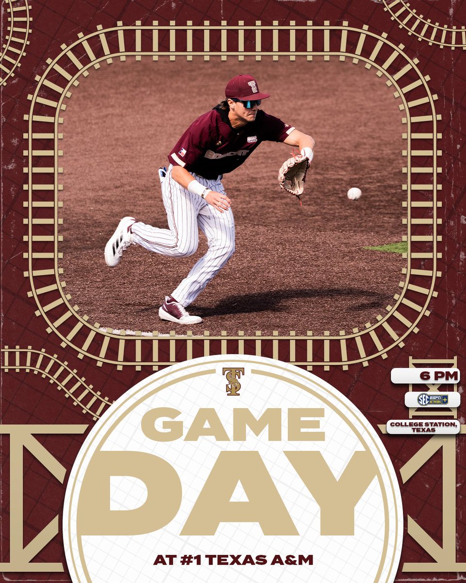 TxStateBaseball's tweet photo. Battle #1 team in the nation

🆚: #1 Texas A&amp;M
🏟️: Blue Bell Park
📍: College Station, Texas
🕗: 6 p.m.
💻: SEC Network+
📊: https://t.co/WvyfPK03PY

#EatEmUp #SlamMarcos https://t.co/S5EsIoJDmr