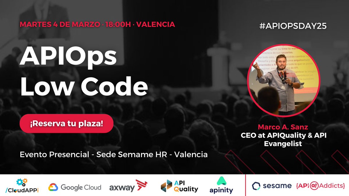 APIAddicts's tweet image. #APIOpsDays de Valencia con #SesameHR
Si eres #APIDeveloper y quieres conocer los secretos del #APIOps, no te puedes perder este evento donde contamos con los mejores speakers.
¡Regístrate gratis! apiaddicts.org/apiops-days-va…
#APIAddicts #Valencia #APIs #MercadonaIT #Evento