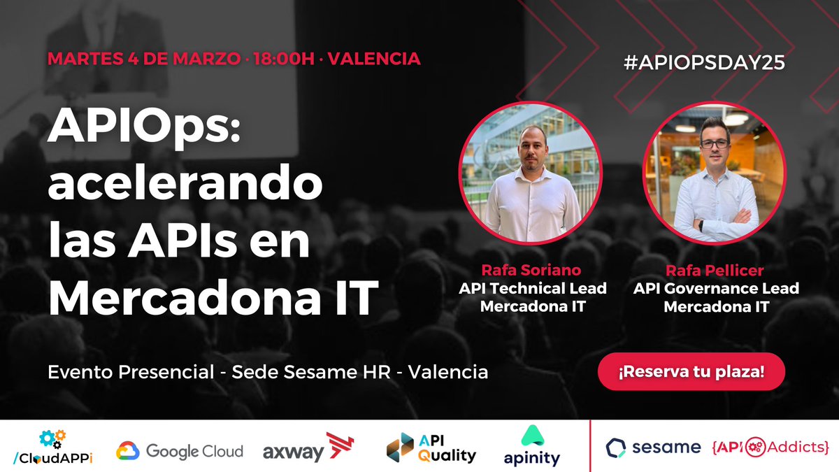 APIAddicts's tweet image. #APIOpsDays de Valencia con #SesameHR
Si eres #APIDeveloper y quieres conocer los secretos del #APIOps, no te puedes perder este evento donde contamos con los mejores speakers.
¡Regístrate gratis! apiaddicts.org/apiops-days-va…
#APIAddicts #Valencia #APIs #MercadonaIT #Evento