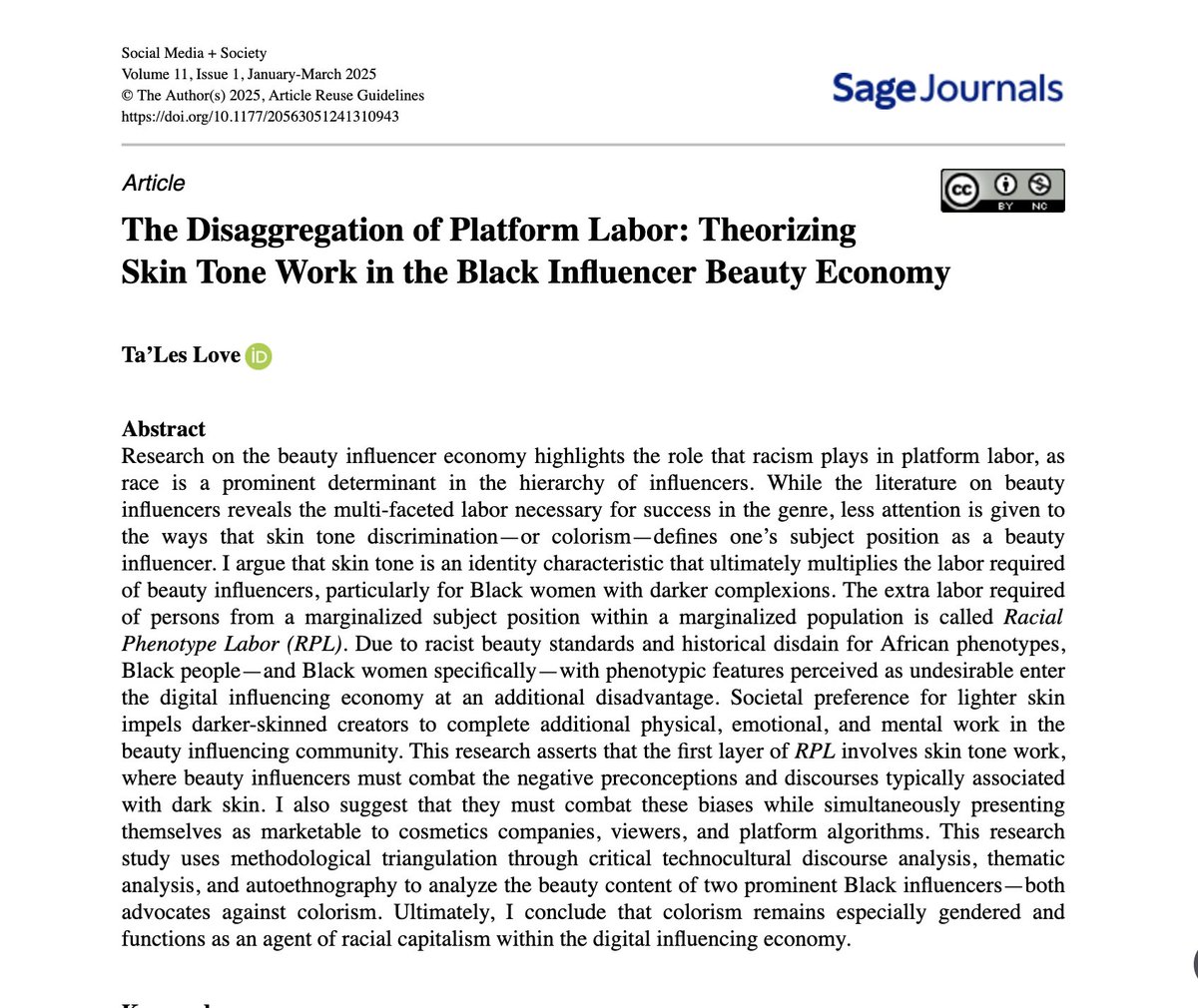 I'm proud to say that my research is published in Social Media + Society.  For over a decade I've studied colorism, Black beauty influencers, &amp; platform labor. 

The great thing is that it is open access, so anyone can read it! 

journals.sagepub.com/doi/10.1177/20…