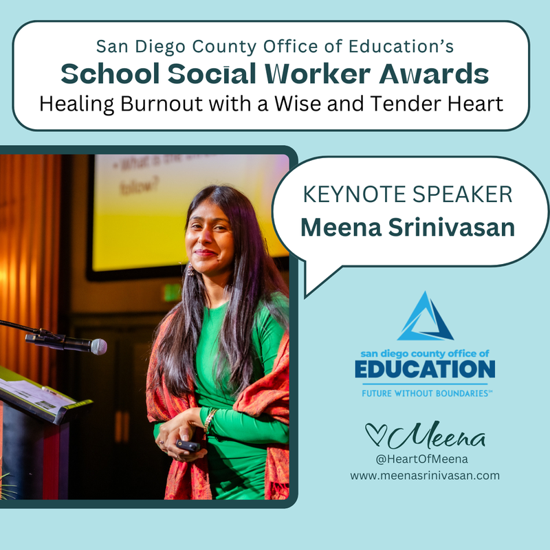 HeartOfMeena's tweet photo. Grateful to keynote the School Social Worker Awards with San Diego County Office of Ed on March 7th! 💛 Social workers are the heartbeat of schools—holding space, seeing the unseen &amp; making healing possible. 

#SocialWork #SEL #HealingWithTenderness https://t.co/PXr1qZEeiX