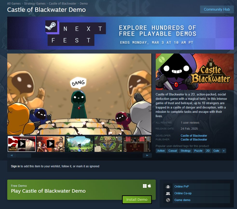 Ethlizards's tweet image. Castle of Blackwater has secured a space in Steam's Next Fest

We have a Gamenite today at 6pm UTC and would love to see you all there!

Head to the steam page found below and download the game ready and make sure to jump in to our Lizcord for some shenanigans in the castle.