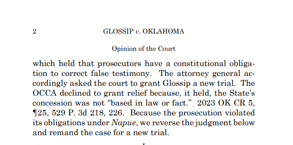 BREAKING: A 5-3 Supreme Court *wiped out* Okla. inmate Richard E. Glossip’s conviction and death sentence and ordered a new trial after the state confessed that prosecutorial misconduct likely tainted his 2004 trial.
(Glossip v. Oklahoma, 22-7466) #SCOTUS
supremecourt.gov/opinions/24pdf…